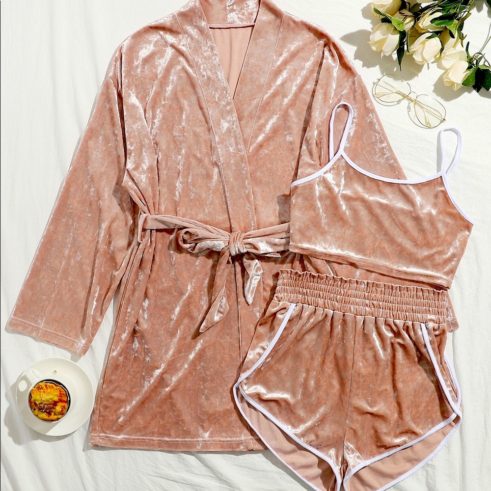 Velvet belted night robe with cami top and short.